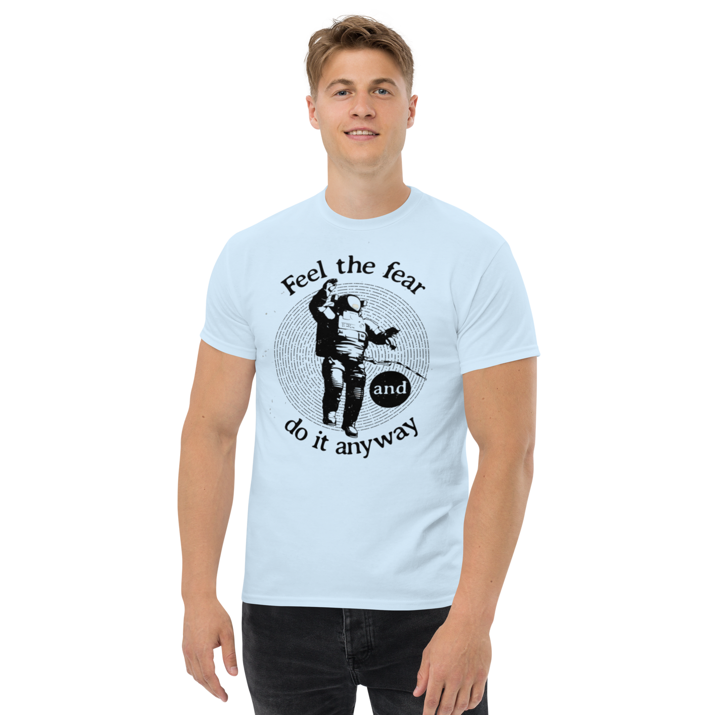 Feel-the-fear-Art-Studio-Elvira-Unisex-tee-light-blue-front