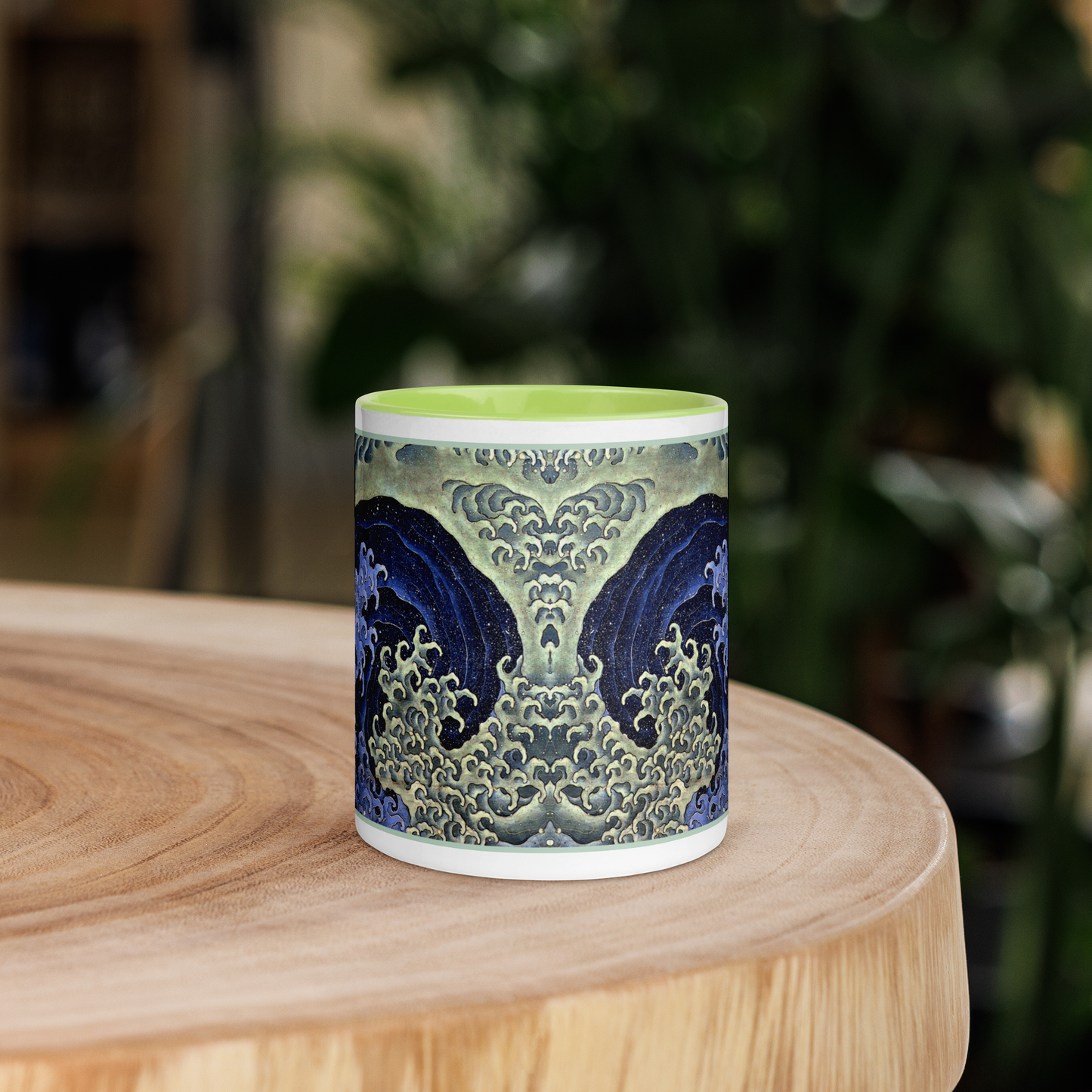 Feminine_Wave-ArtStudioElvira-white-ceramic-mug-with-color-inside-light-green-11-oz-table-front