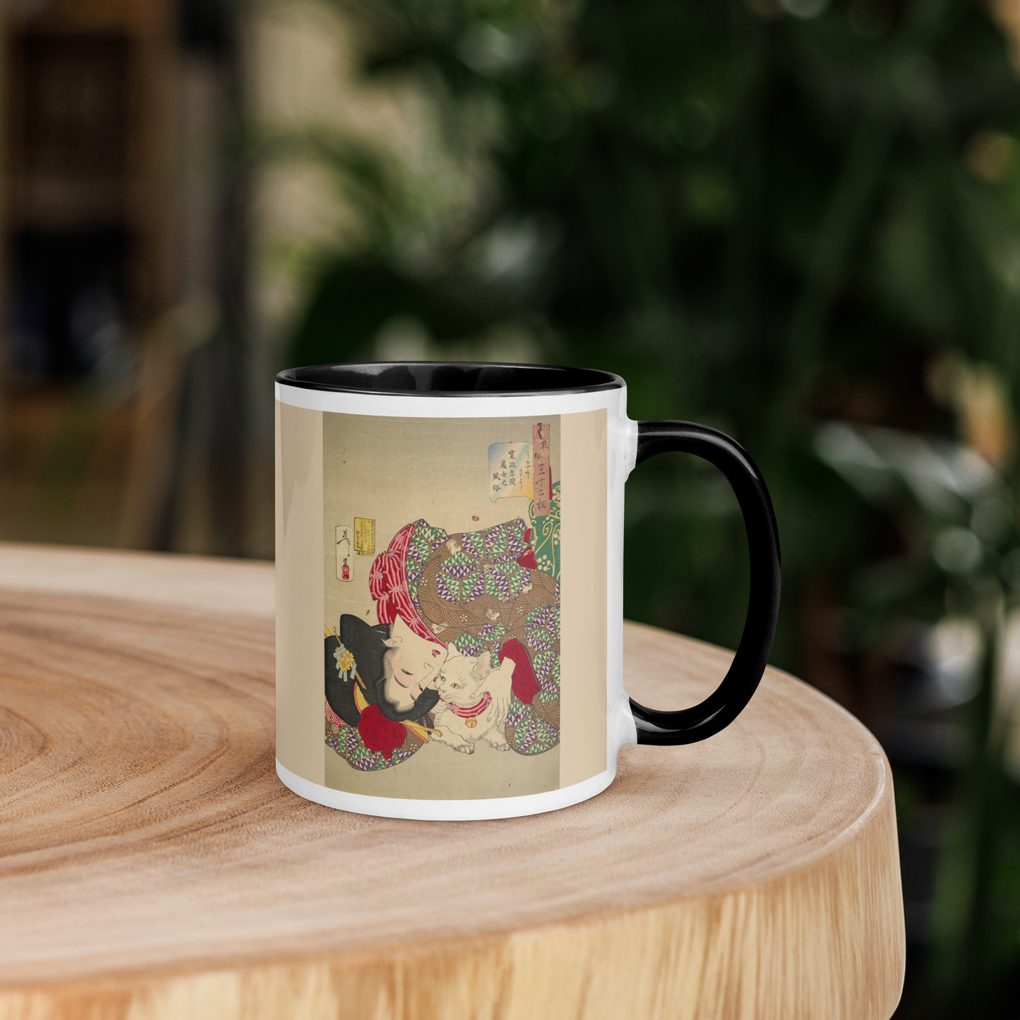 Woman-with-Cat-Art-Studio-Elvira-white-ceramic-mug-with-color-inside-black-11-oz-right-table