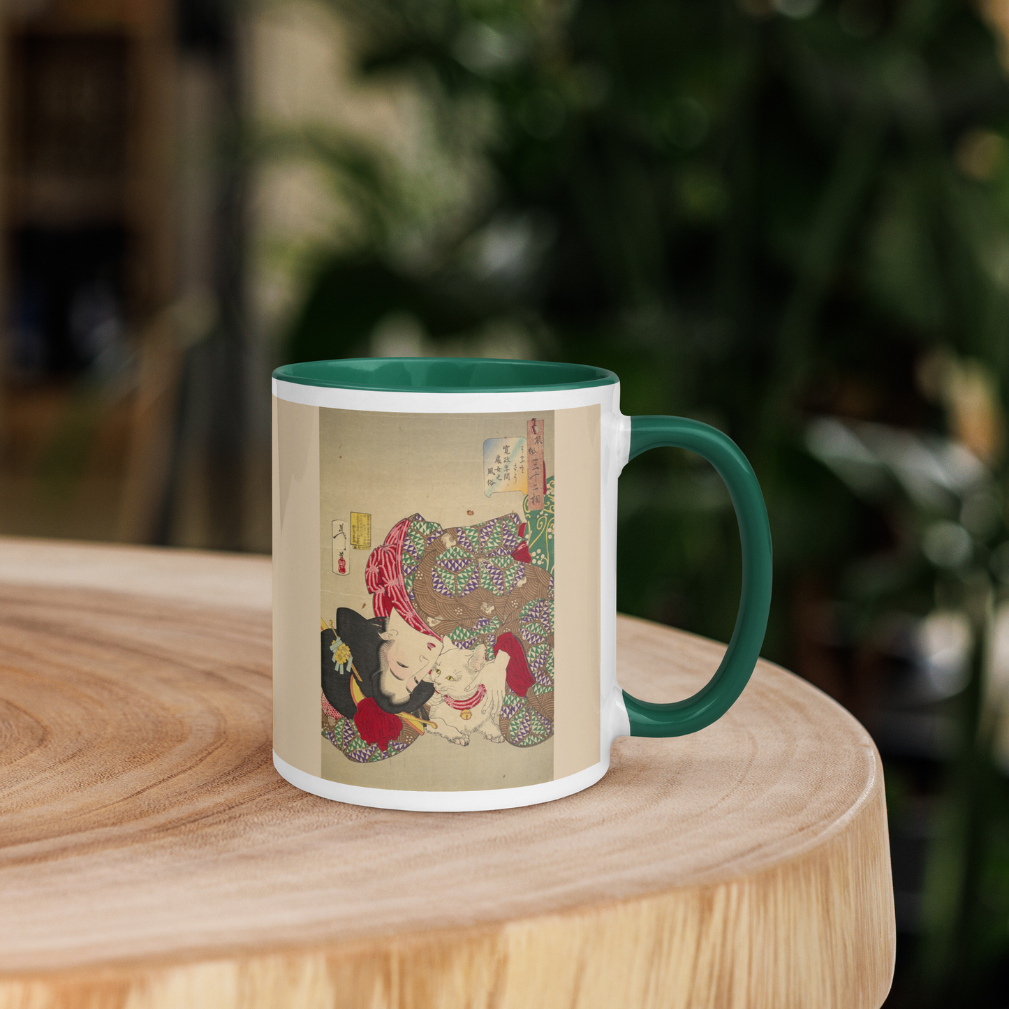 Woman-with-Cat-Art-Studio-Elvira-white-ceramic-mug-with-color-inside-dark-green-11-oz-right-table