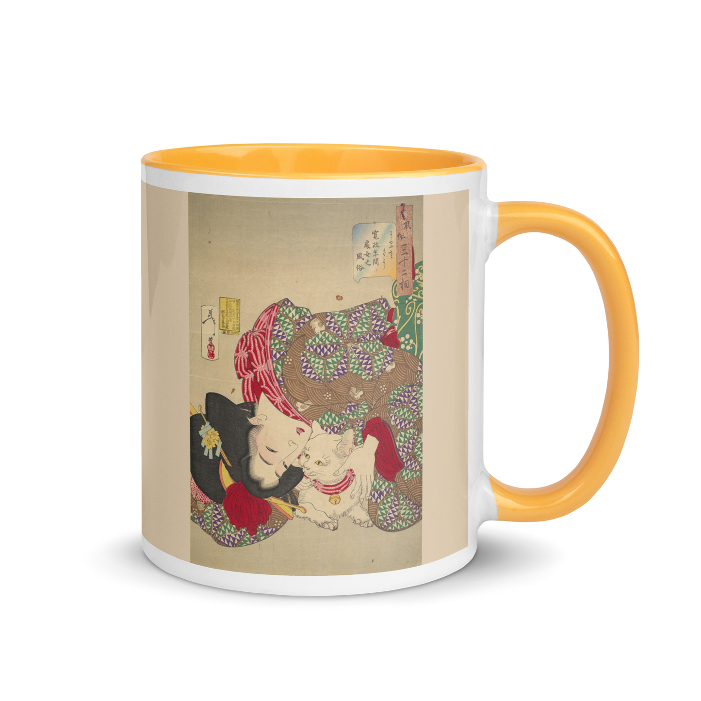 Woman-with-Cat-Art-Studio-Elvira-white-ceramic-mug-with-color-inside-golden-yellow-11-oz-right