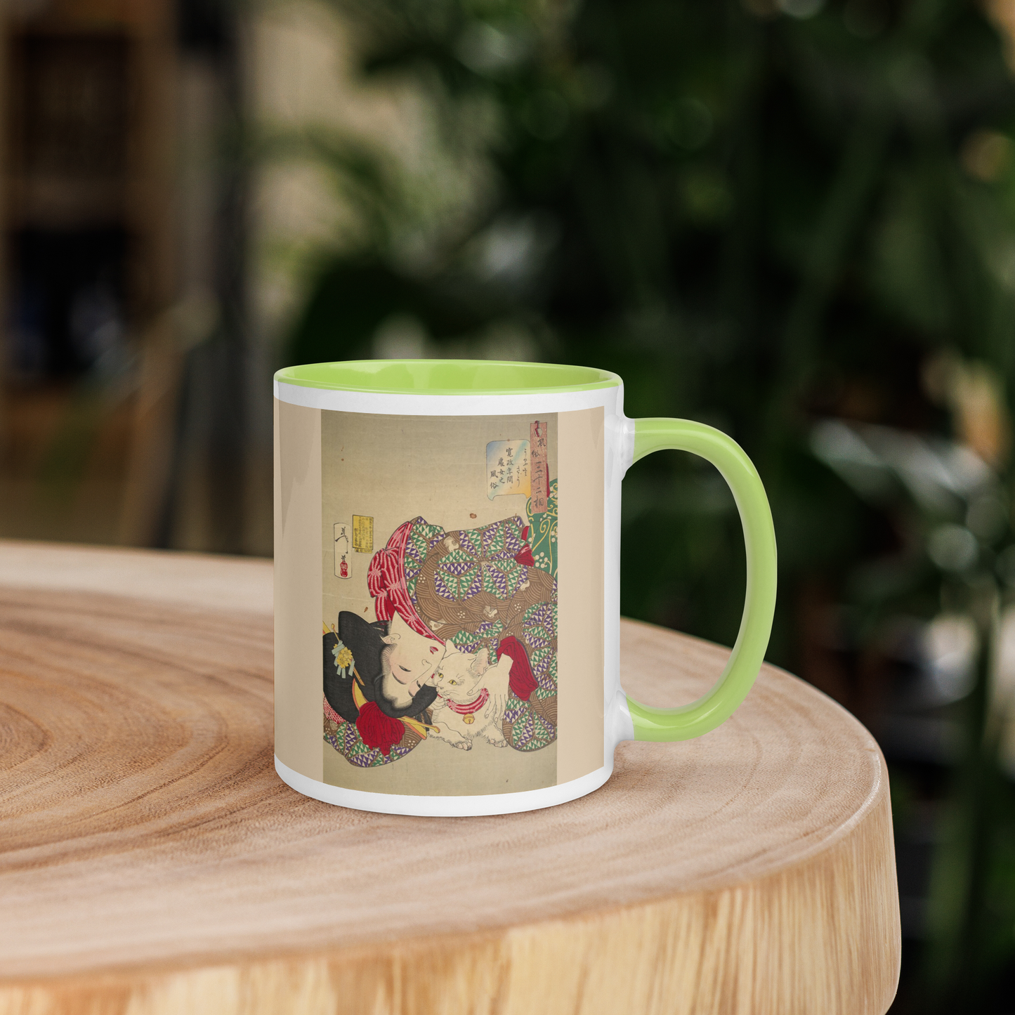 Woman-with-Cat-Art-Studio-Elvira-white-ceramic-mug-with-color-inside-light-green-11-oz-right-table