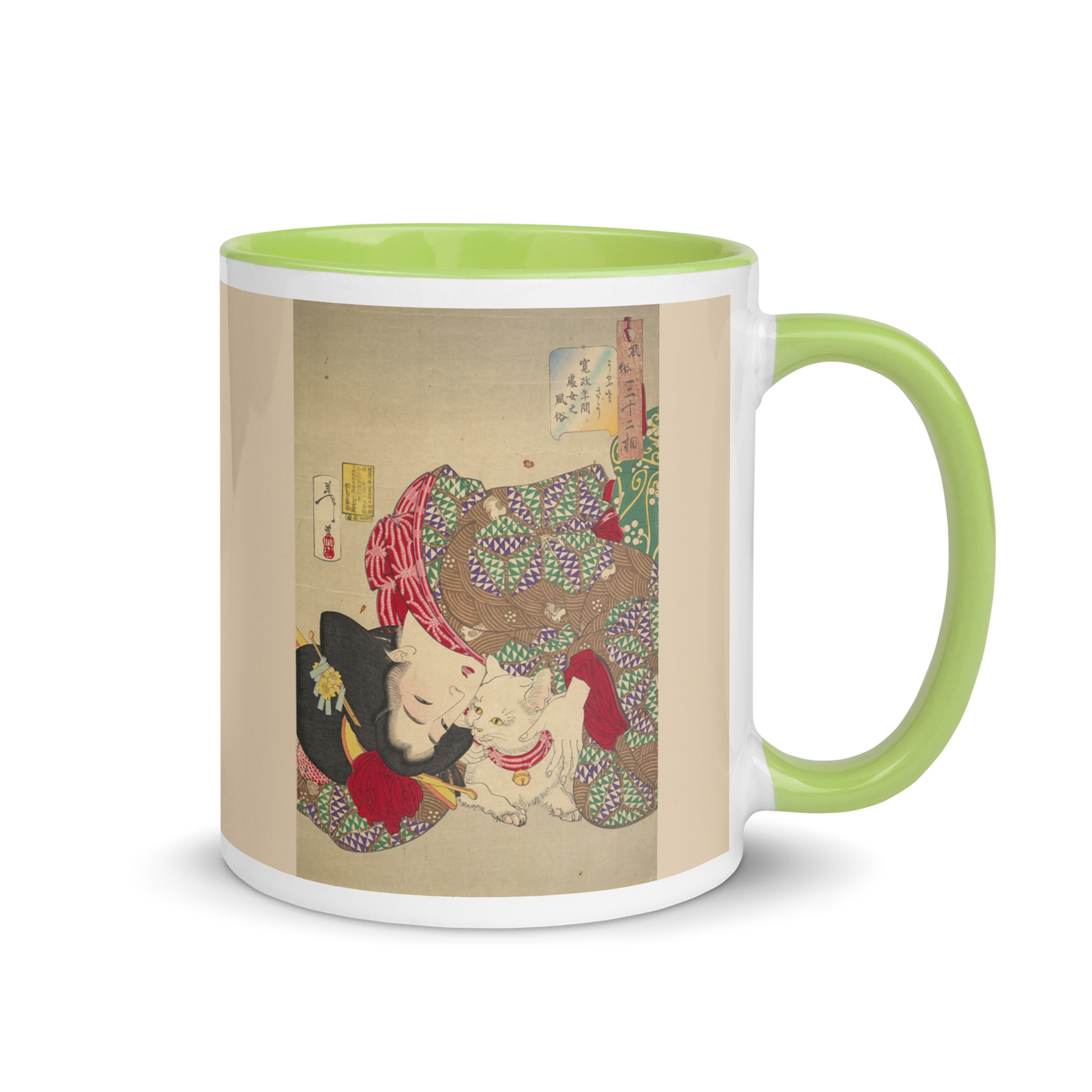 Woman-with-Cat-Art-Studio-Elvira-white-ceramic-mug-with-color-inside-light-green-11-oz-right