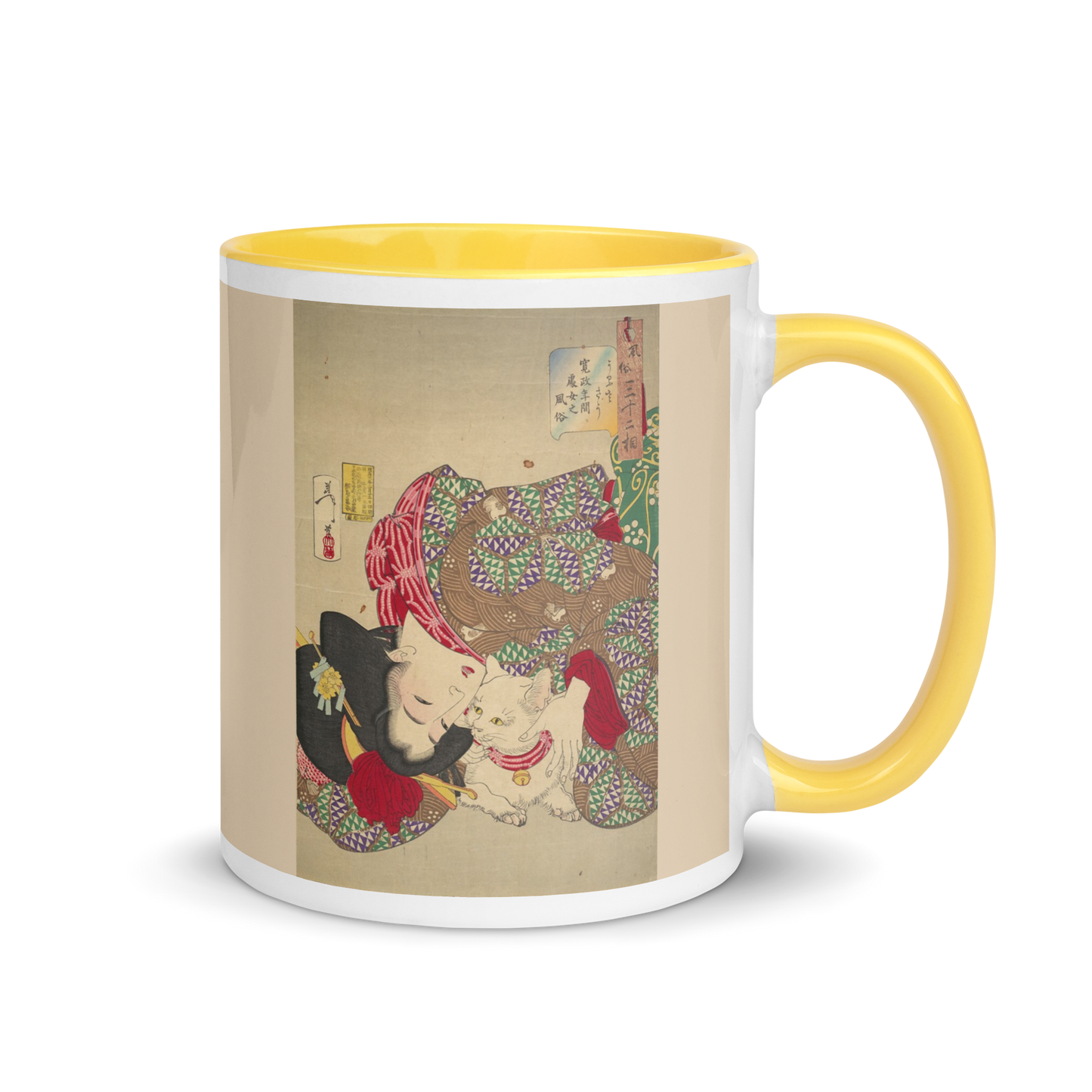 Woman-with-Cat-Art-Studio-Elvira-white-ceramic-mug-with-color-inside-light-yellow-11-oz-right