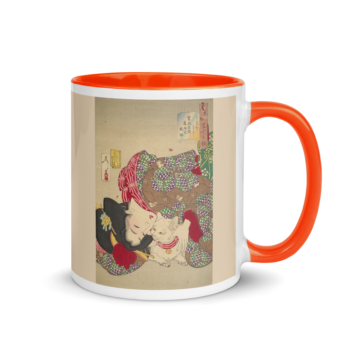 Woman-with-Cat-Art-Studio-Elvira-white-ceramic-mug-with-color-inside-orange-11-oz-right