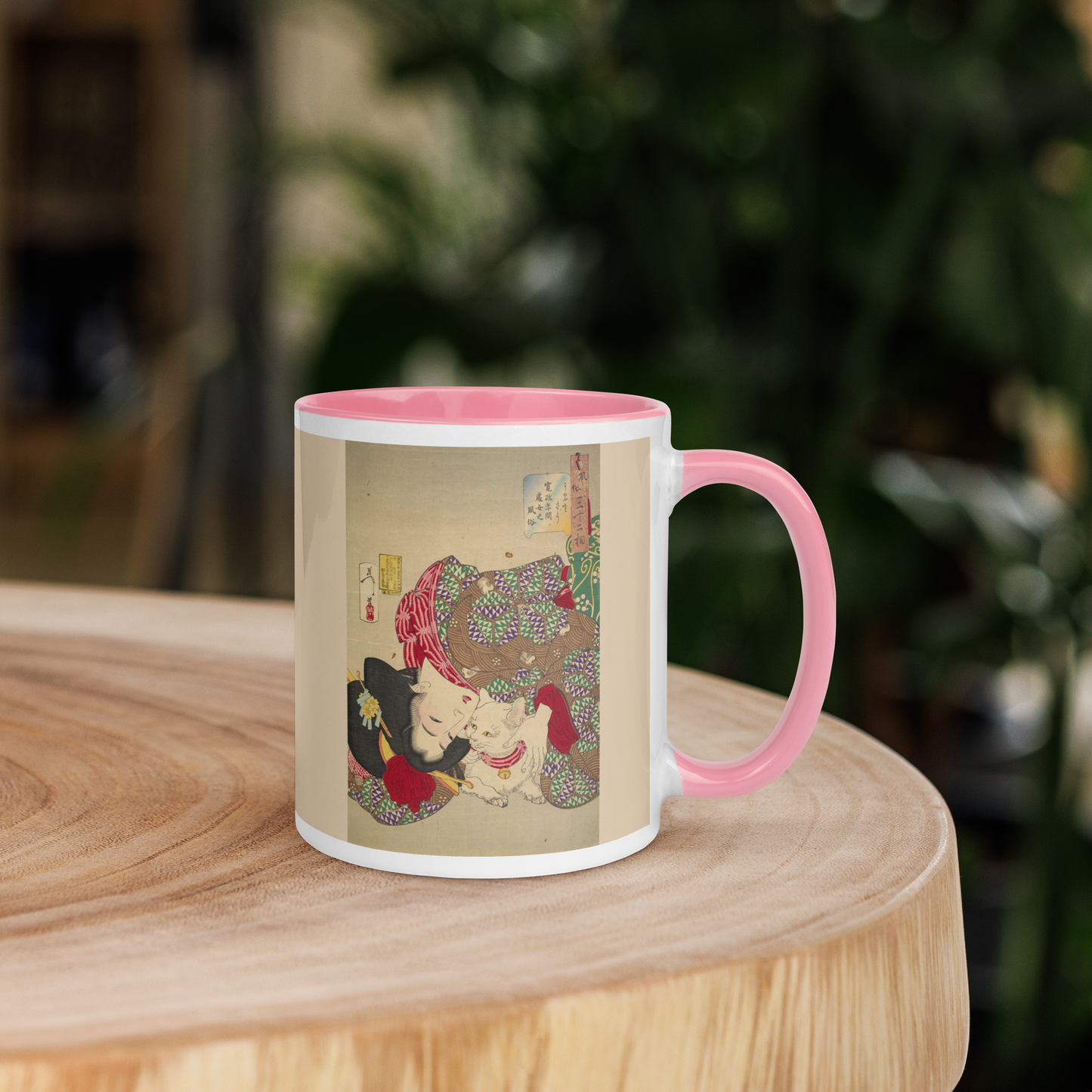 Woman-with-Cat-Art-Studio-Elvira-white-ceramic-mug-with-color-inside-pink-11-oz-right-table
