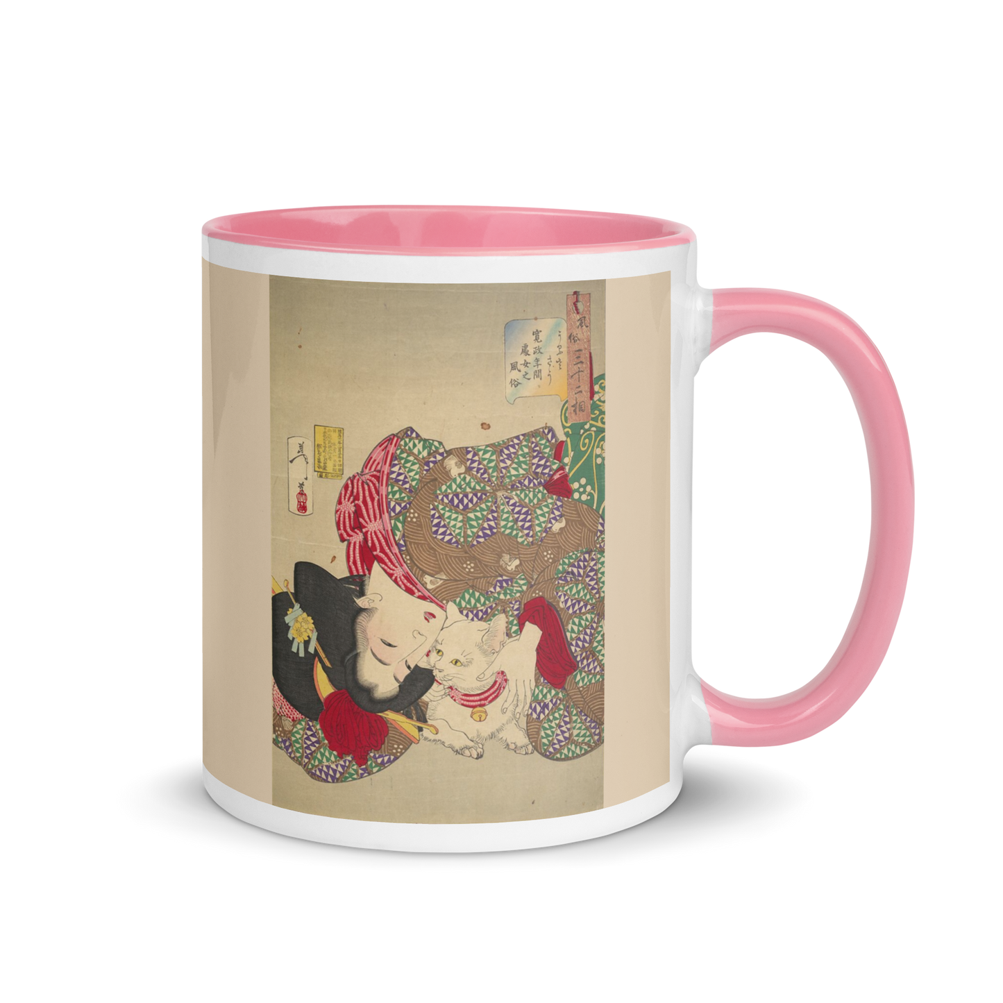Woman-with-Cat-Art-Studio-Elvira-white-ceramic-mug-with-color-inside-pink-11-oz-right