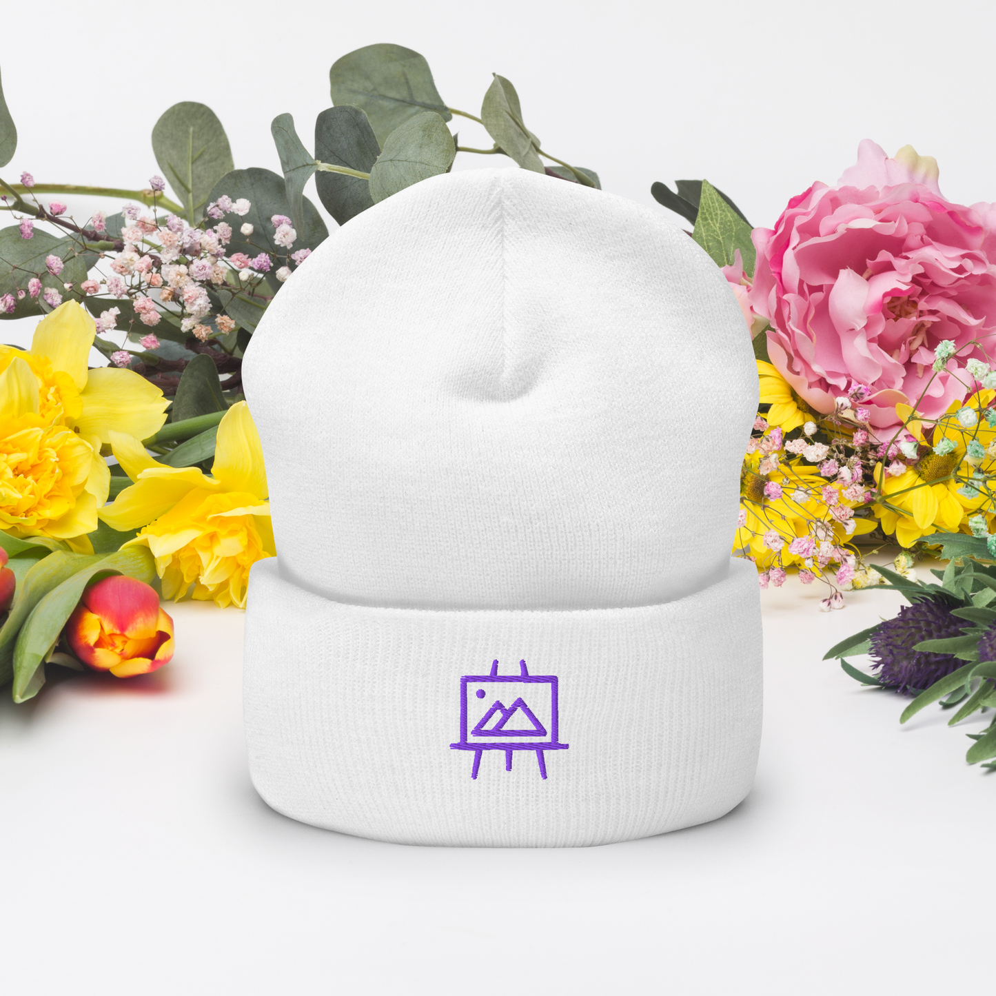 art-studio-elvira-logo-cuffed-beanie-scene-front-white