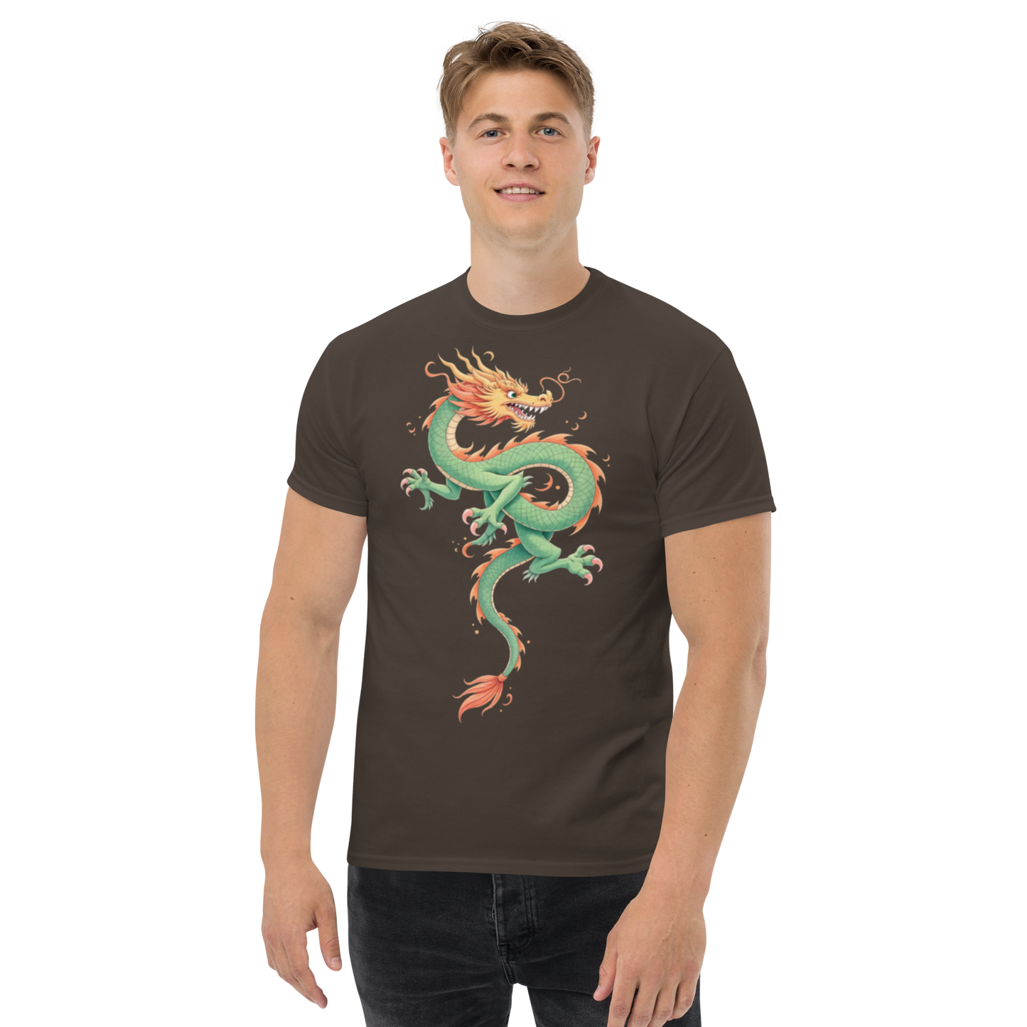 orange-dragon-unisex-classic-tee-front-dark-chocolate