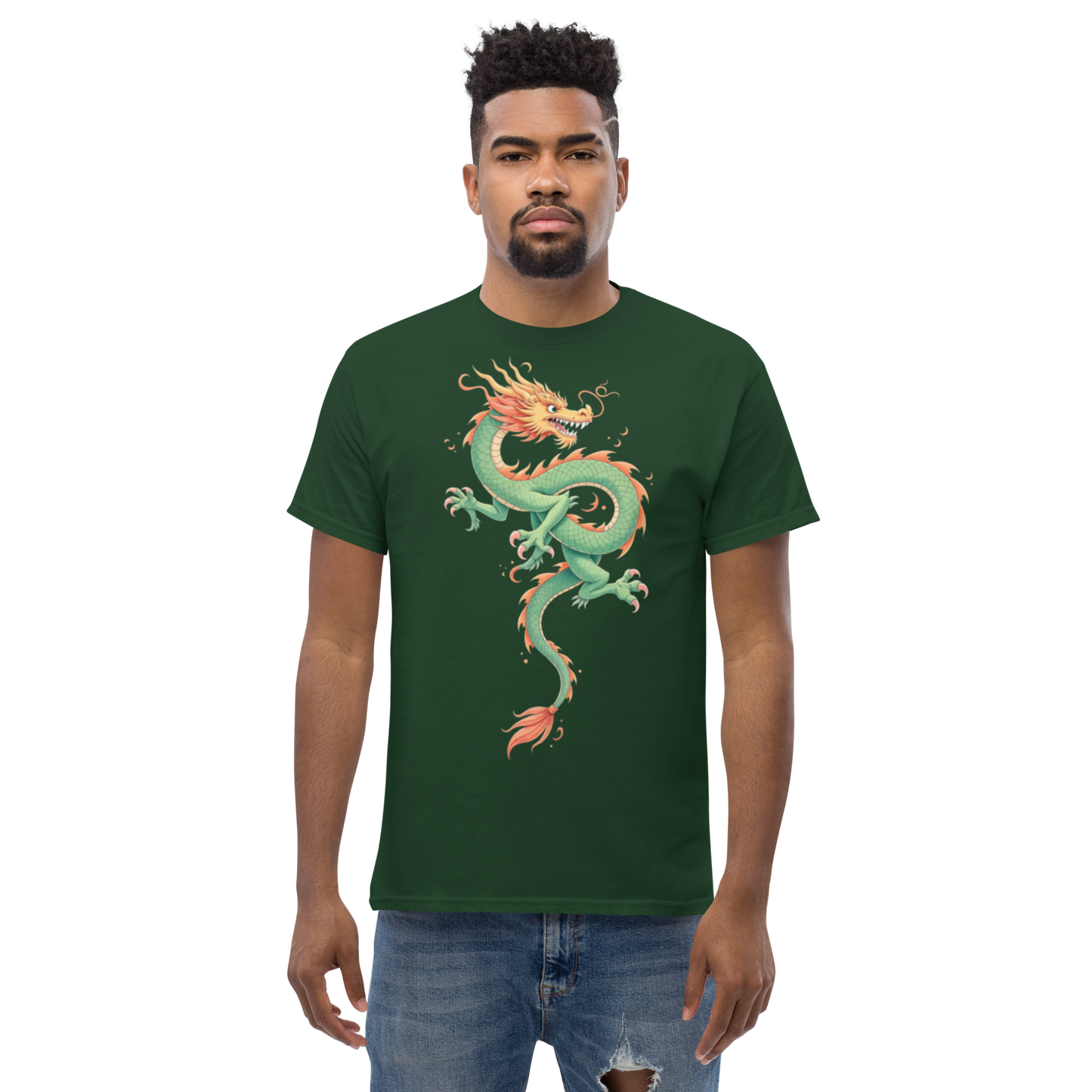 orange-dragon-unisex-classic-tee-front-forest-green