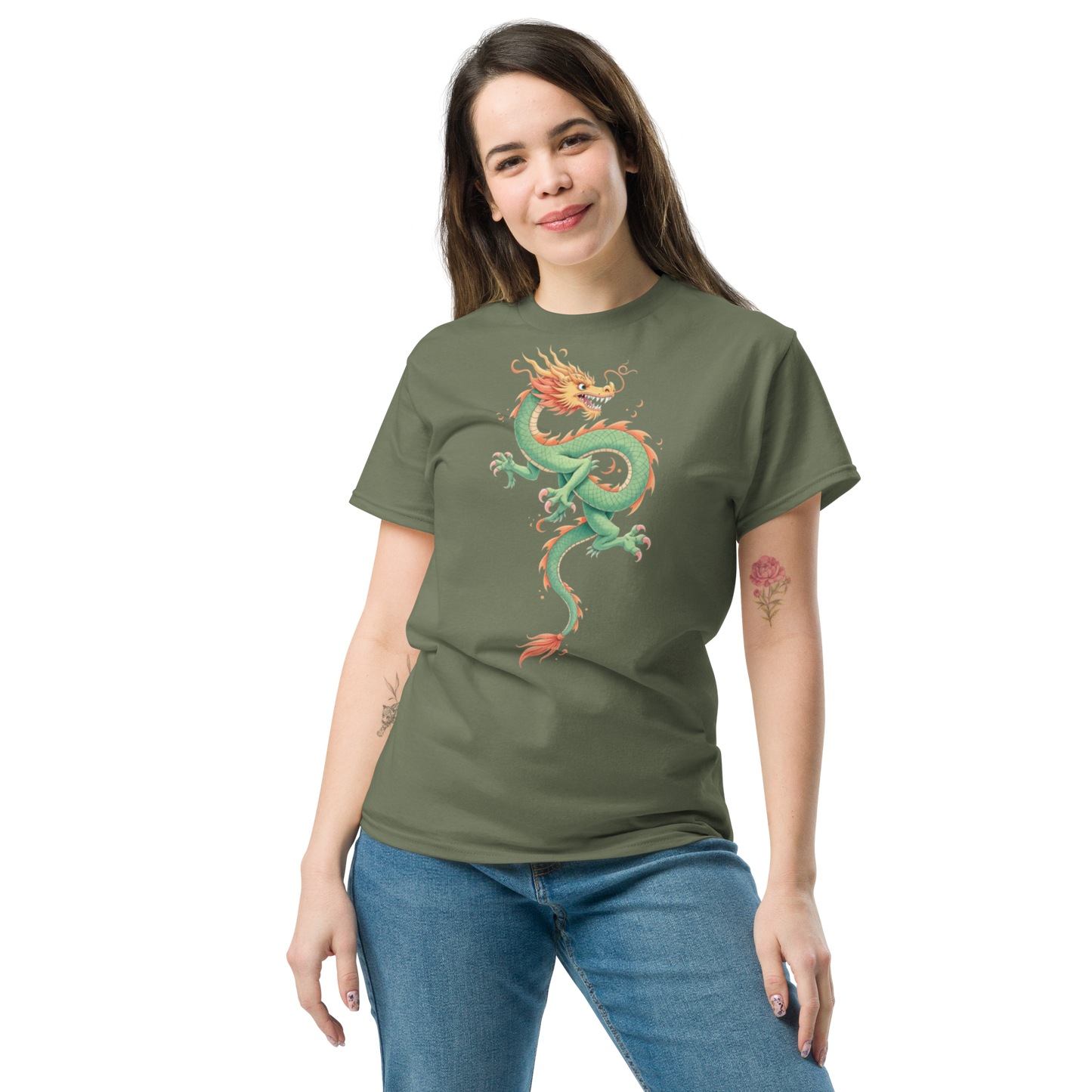 orange-dragon-unisex-classic-tee-front-military-green