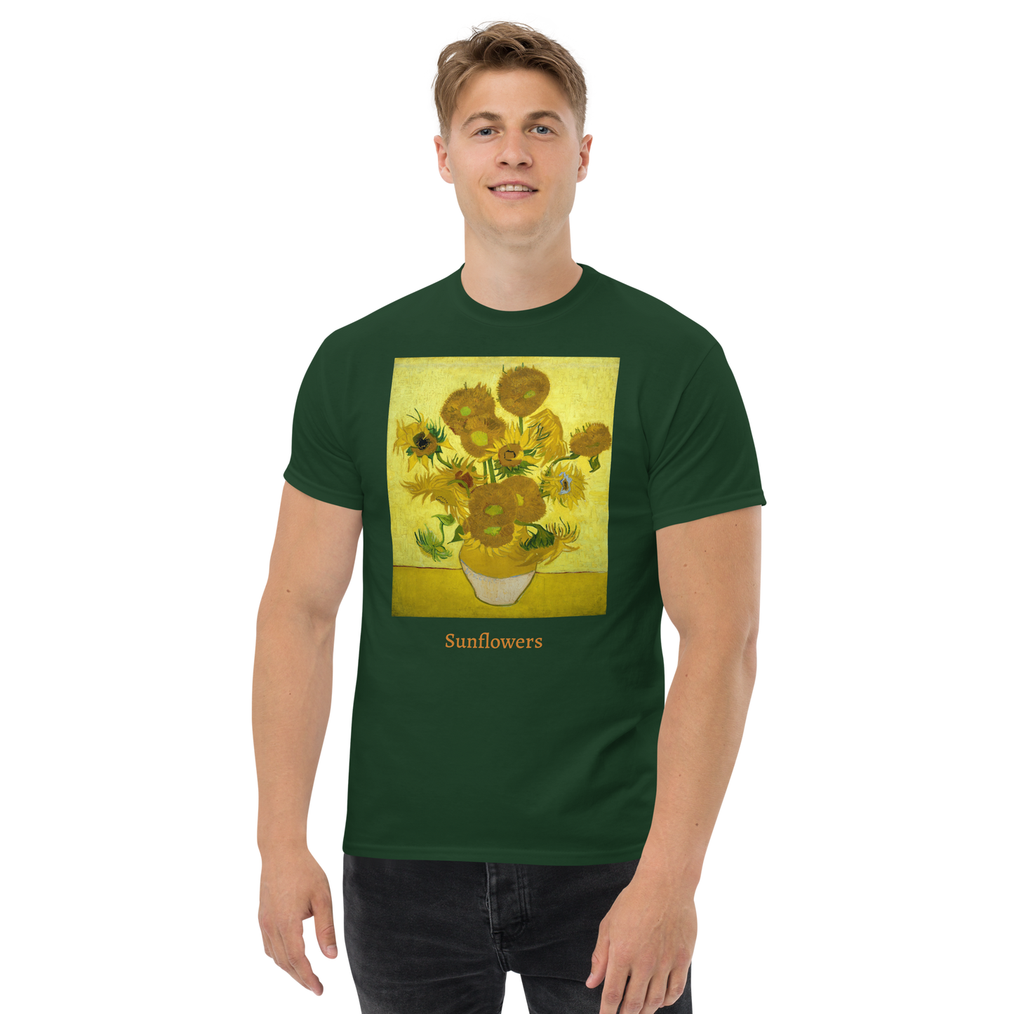 yellow-sunflowers-art-studio-elvira-unisex-classic-tee-front-man-forest-green