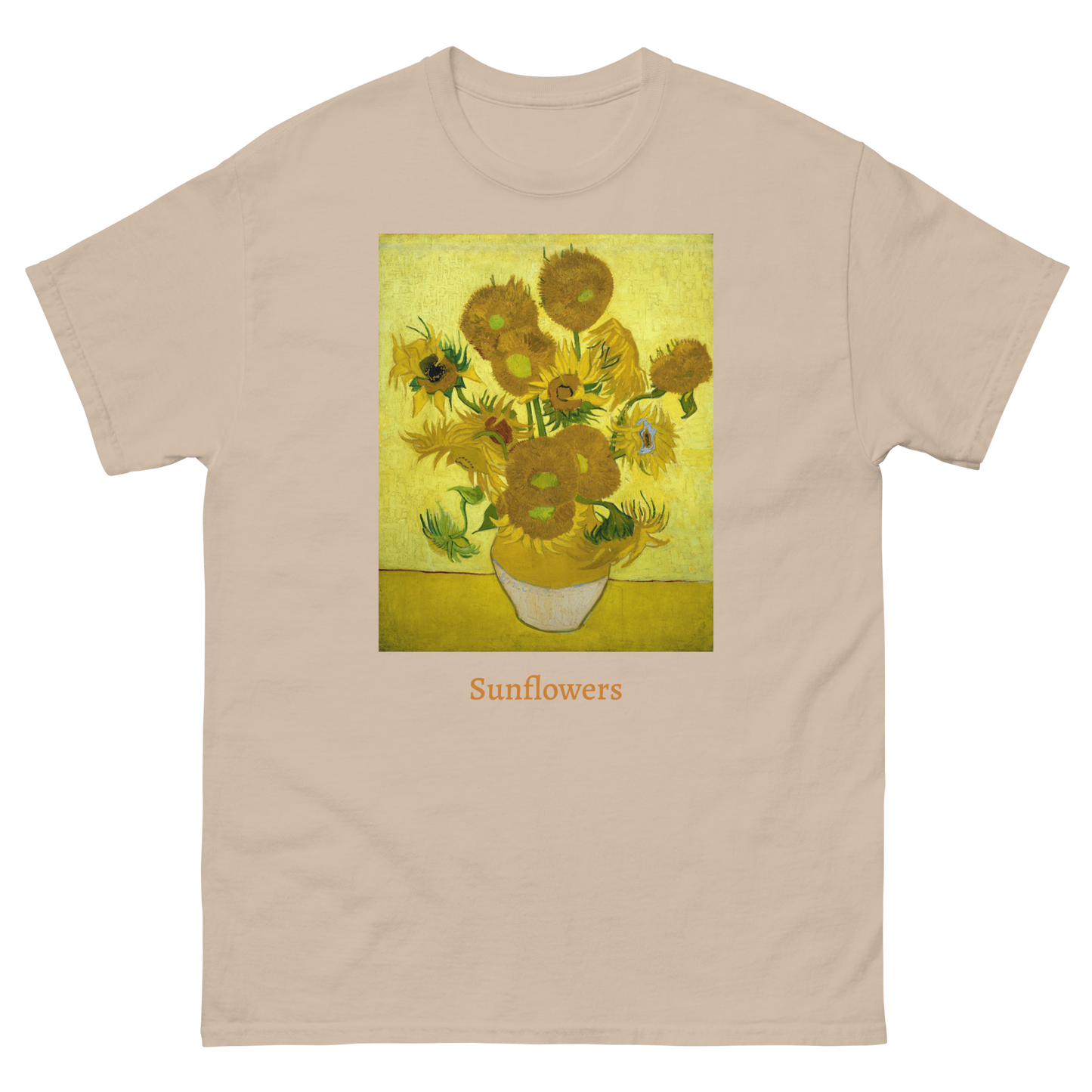yellow-sunflowers-art-studio-elvira-unisex-classic-tee-front1-sand