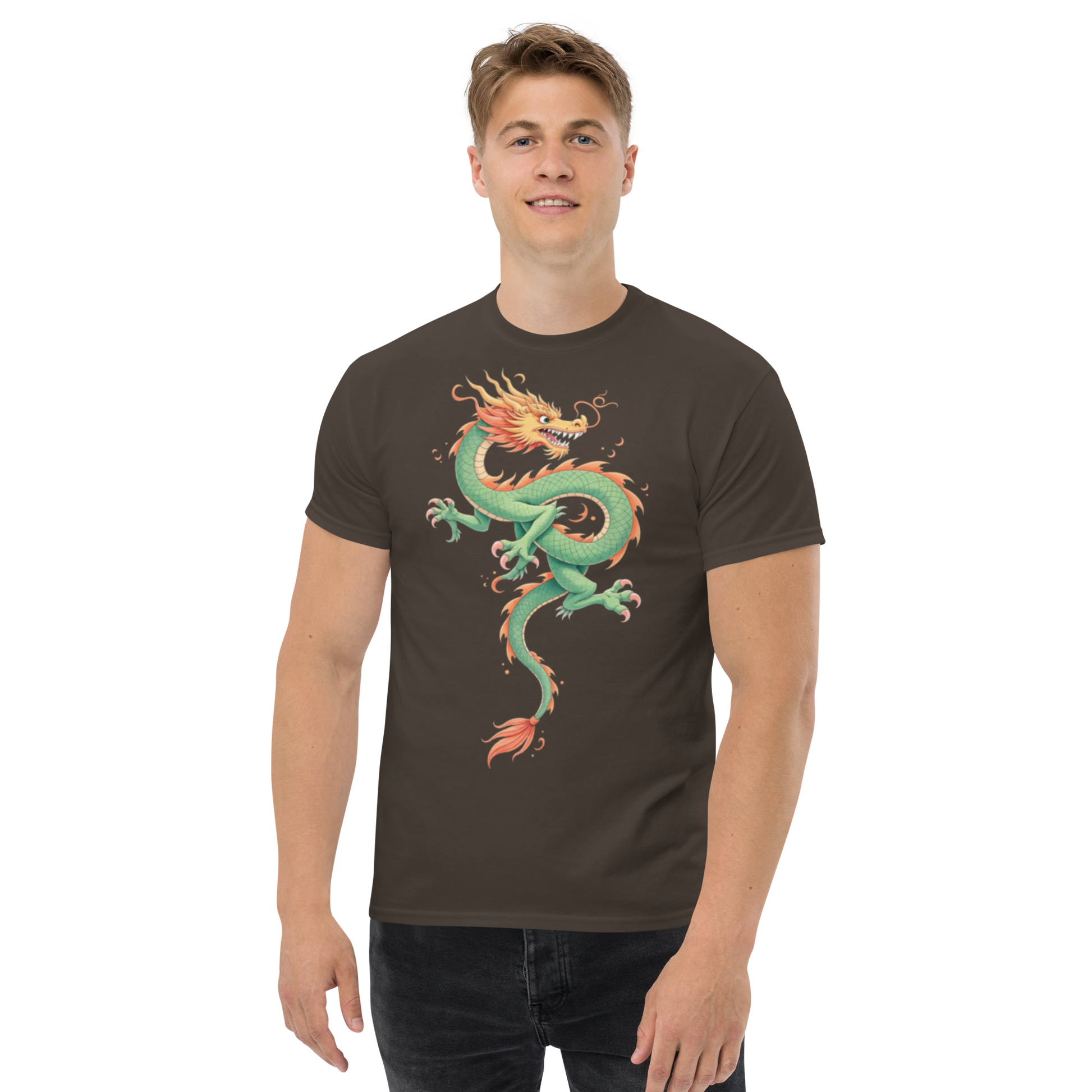 orange-dragon-unisex-classic-tee-front-dark-chocolate
