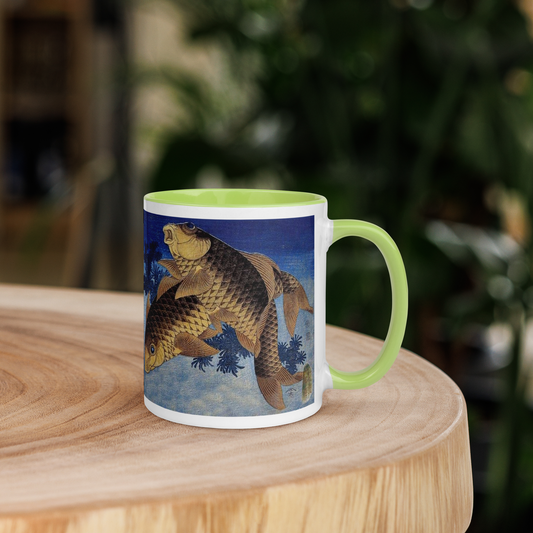 two_carp_hokusai_color_ceramic_mug_11oz_table_right_green